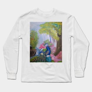 two peacocks in a forest on a log branch Long Sleeve T-Shirt